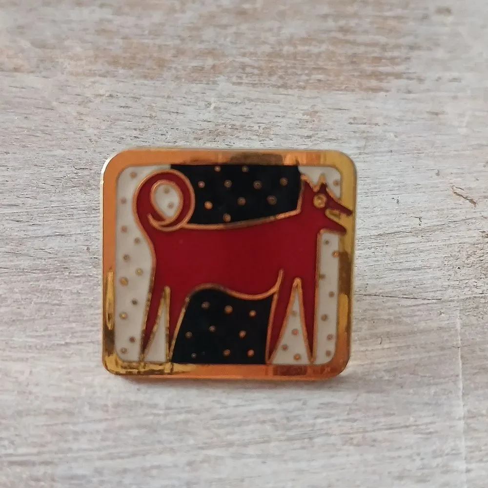 Vintage 80's Night Dog Laurel Burch Red Black White Enamel Gold Plated Earring-1